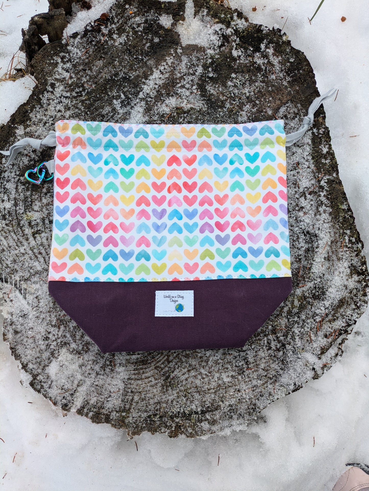 Stitcher's Stuff Sack - Knitting/Crochet Fiber Arts Project Bag - Rainbow Hearts